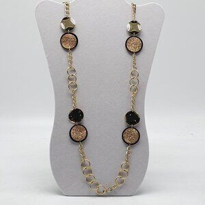 Gold Tone Long Chain Necklace With Glitter Accents Circle Links Vintage